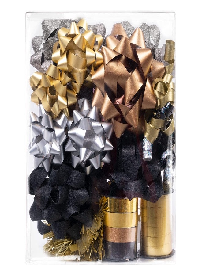 WRAPAHOLIC 14 Pcs Gift Bows Assortment - 10 Multi Colored Assorted Size Gift Bows(Black, Gold, Silver, Old Gold), 2 Crimped Curling Ribbons, 1 Curly Bow, 1 Tinsel Bow for Christmas and New Year - Image 2